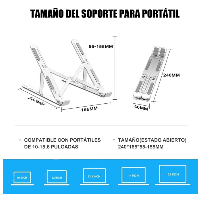 Soporte portátil para computadora de 9 a 15.6 pulgadas, color plateado.