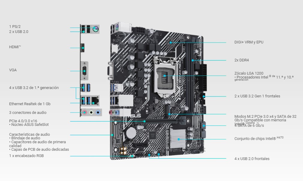 Tarjeta Madre Intel Asus Prime H510M-K R2.0 - LGA1200, Intel H510, 2x DDR4 2933MHz, PCI-Express 4.0, VGA, HDMI, USB 3.2, M.2, SATA 6Gb/s, Gigabit LAN.