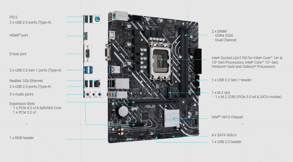 Tarjeta Madre Intel Asus Prime H610M-KD4 - LGA1700, Intel H610, 2x DDR4 3200Mhz(OC), PCI-Express 4.0, VGA, HDMI, USB 3.2, M.2, ASUS LANGuard 1Gb.