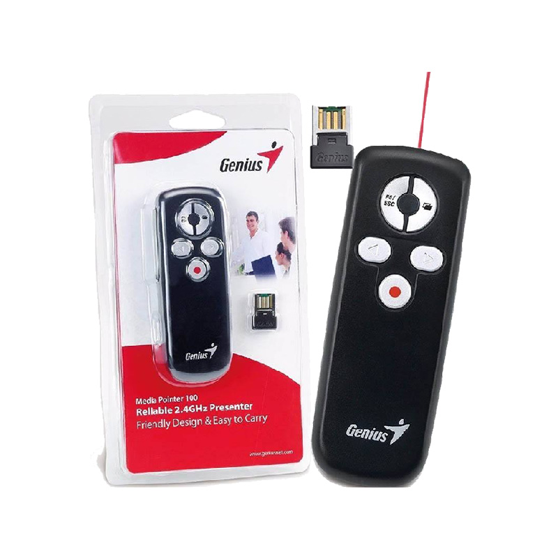 Presentador inalámbrico con puntero láser Genius Media Pointer 100 - Alcance hasta 10m, Receptor USB, 5 Botones