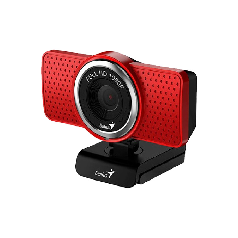 Genius ECam 8000 - Webcam, Resolución 1920 x 1080p Full HD, 2MP, Giro hasta 360° Grados, USB, Micrófono Digital, Negro /Rojo