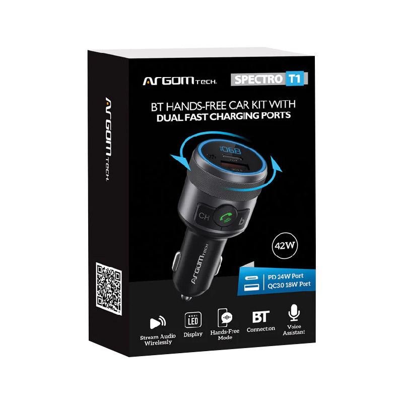Kit de Cargador y Transmisor, Manos Libres para Coche Argom Spectro T1 BT ARG-AC-0343BK - Pantalla LED: 0,7 x 0,3, bluethooth 5.1, Tipo-C + USB, Carga rapida, 42W