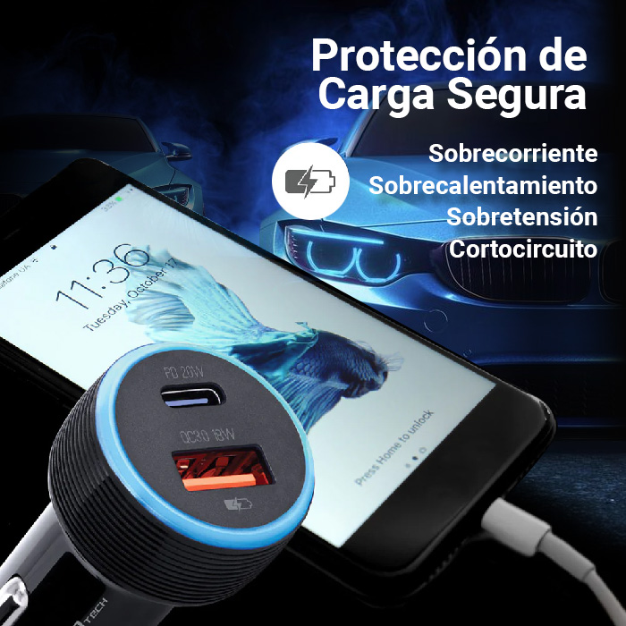 Cargador de Coche Argom ARG-AC-0118BK - Cargador para automóvil, Tipo-C + USB, Carga rapida, 38W, Compatible con celulares, tablets, otros