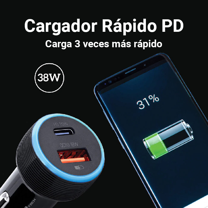 Cargador de Coche Argom ARG-AC-0118BK - Cargador para automóvil, Tipo-C + USB, Carga rapida, 38W, Compatible con celulares, tablets, otros