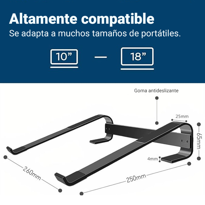 Soporte para computadora de 10 a 18 pulgadas, color negro, Material Alumino.