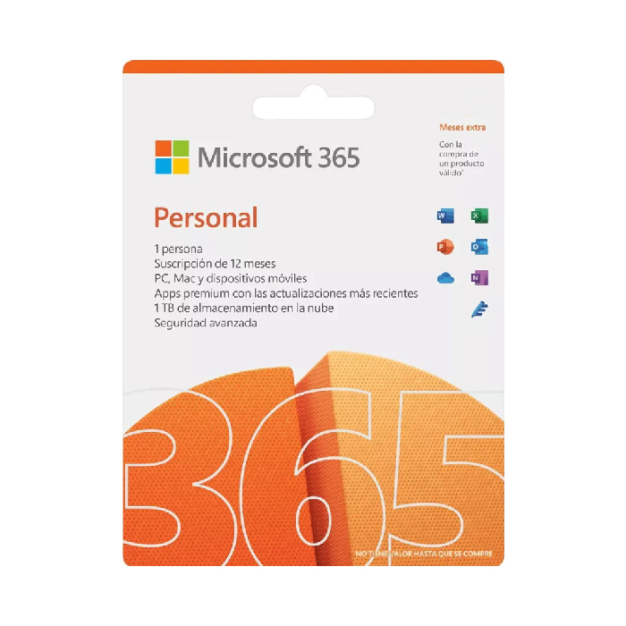 Programa Microsoft Office 365 Personal - Word, Excel, PowerPoint, Outlook, OneNote y Editor + Microsoft Teams y OneDrive en 1 PC o Mac + 1 Tableta, 15 meses, tarjeta clave, en español.
