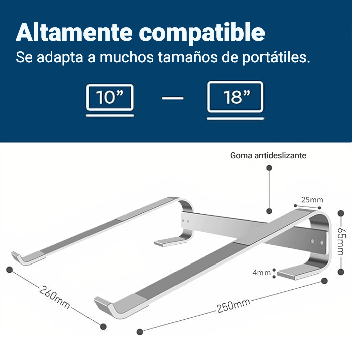 Soporte portátil SP008P para computadora de 9 a 15.6 pulgadas, Fijo, color Plateado.