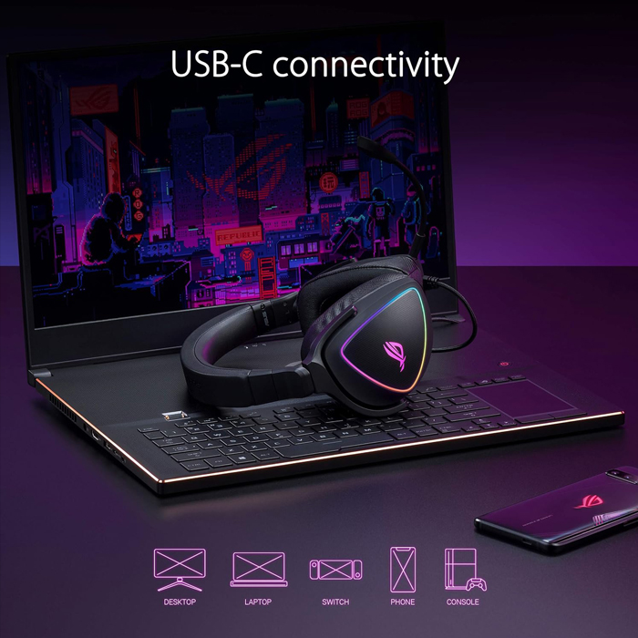 Auricular Asus ROG Delta S 90YH02K0-B2UA00 - Audífonos gamer, micrófono con cancelación de ruido IA, sonido envolvente virtual 7.1, USB-C/A, pantalla Led 1 color, compatible con PC, Mac, PS5, Nintendo Switch, dispositivos móviles, color negro