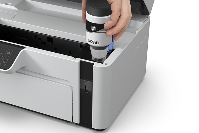 Impresora Monocromatica Multifuncional Epson EcoTank M2120 - Impresora-escáner-copiadora, res. 1440 x 720 dpi, 15ppm negro, pantalla a color de 1,4", wifi, usb 2.0, Ciclo Mensual Maximo hasta: 15,000 paginas, Color Blanca.