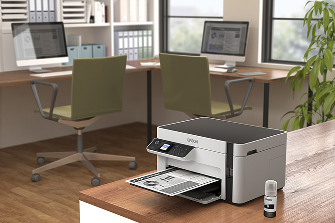 Impresora Monocromatica Multifuncional Epson EcoTank M2120 - Impresora-escáner-copiadora, res. 1440 x 720 dpi, 15ppm negro, pantalla a color de 1,4", wifi, usb 2.0, Ciclo Mensual Maximo hasta: 15,000 paginas, Color Blanca.