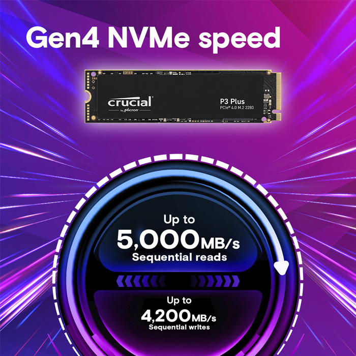 Unidad de Estado Sólido (SSD) Crucial P3 Plus PCIe NVMe 1TB - 5000MB/s de Lectura, 3600MB/s de Escritura, PCIe Gen4, M.2 (2280)