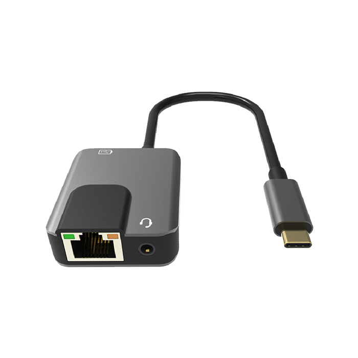 Hub VCOM CU456 - USB 3.1 Tipo C macho a 1 X RJ45, 1 X Jack 3.5mm, color gris.