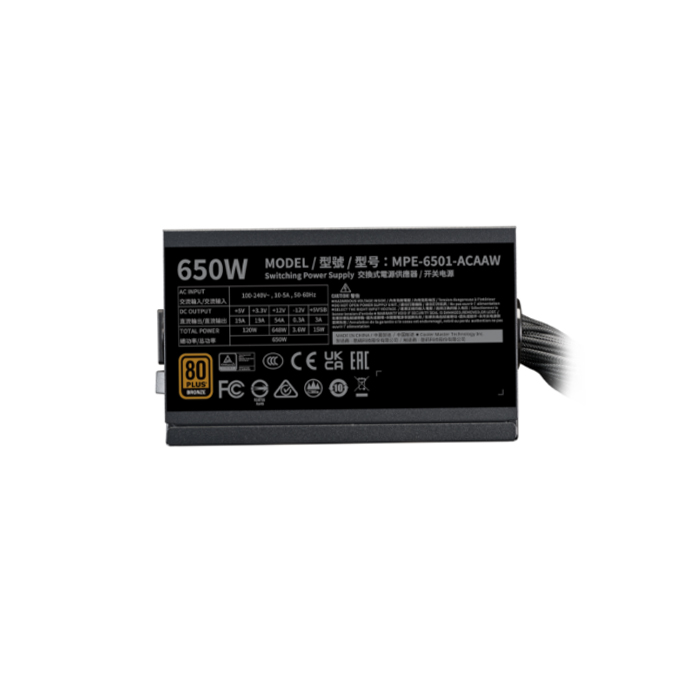 Fuente de Poder Cooler Master MWE 650 Bronce V3 - MPE-6501-ACAAW-3B - Potencia de salida de 650W, 24 pines ATX, 4x conector 6+2 PinX2 PCI-E y 6x SATAX2, abanico 120mm, 80 Plus Bronze.