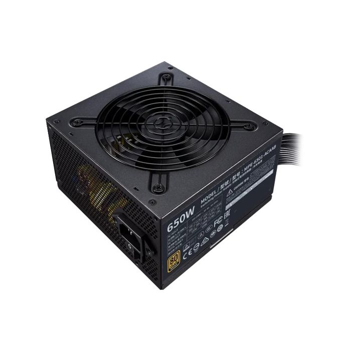 Fuente de Poder Cooler Master MWE 650 Bronce V2 - Potencia de salida de 650W, 24 pines ATX, 4x conector 6+2 PCI-E y 8x SATA, abanico 120mm, 80 Plus Bronce.