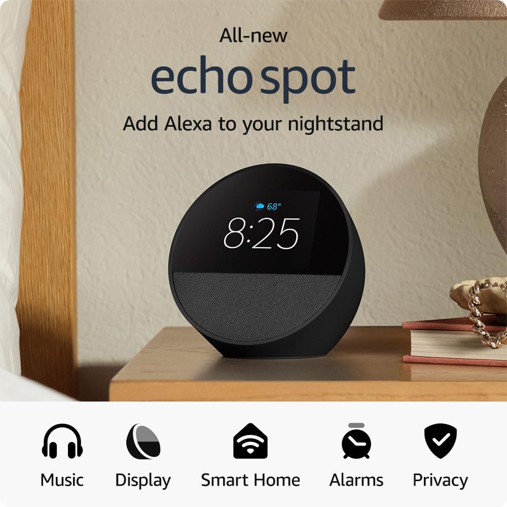 Altavoz Inteligente Amazon Echo Spot 2024 - con el Asistente Alexa Integrado, Wi-Fi 802.11ac (2,4 GHz/5 GHz), Bluetooth, Color Carbón.