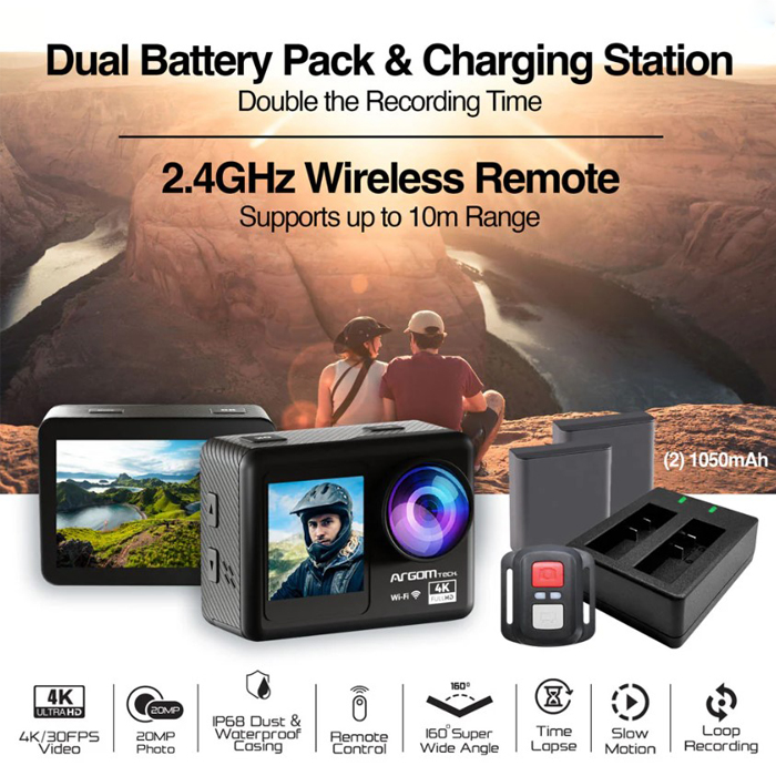 Cámara de Acción Argom Epic 85 ARG-AC-9185BK - Ideal para deportes extremos, actividades al aire libre, Resolución 4K, 30fps, Pantalla 2" IPS trasera + 1.3” IPS frontal, Tipo-C, Micro HDMI, microSD hasta 128GB, color negro