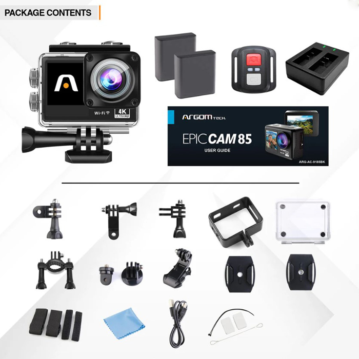 Cámara de Acción Argom Epic 85 ARG-AC-9185BK - Ideal para deportes extremos, actividades al aire libre, Resolución 4K, 30fps, Pantalla 2" IPS trasera + 1.3” IPS frontal, Tipo-C, Micro HDMI, microSD hasta 128GB, color negro