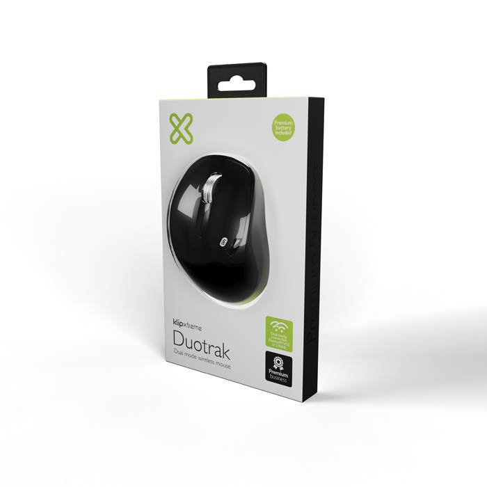 Mouse Klip Xtreme Duotrak- Ratón óptico Inalámbrico, 2.4 GHz, Bluetooth, 800/1200/1600 dpi, 3D de 6 botones, usb, color Negro.