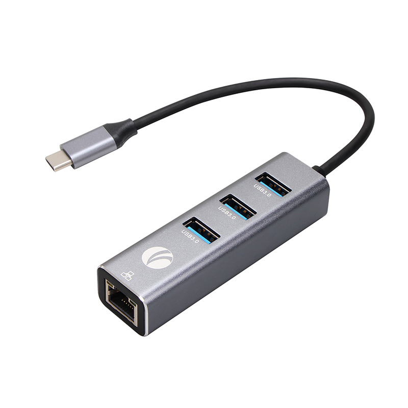USB VCOM Hub DH311B - Tipo C macho a 3x usb 3.0 + RJ45, color gris.