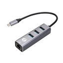 USB VCOM Hub DH311B - Tipo C macho a 3x usb 3.0 + RJ45, color gris.