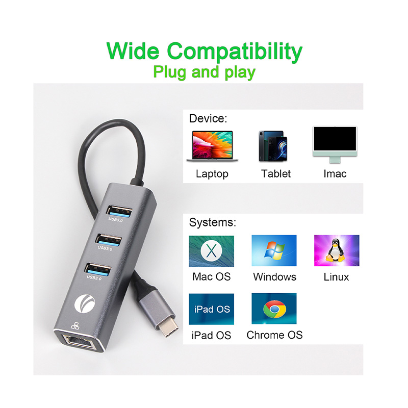 USB VCOM Hub DH311B - Tipo C macho a 3x usb 3.0 + RJ45, color gris.