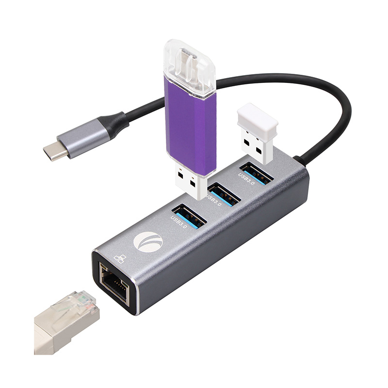 USB VCOM Hub DH311B - Tipo C macho a 3x usb 3.0 + RJ45, color gris.