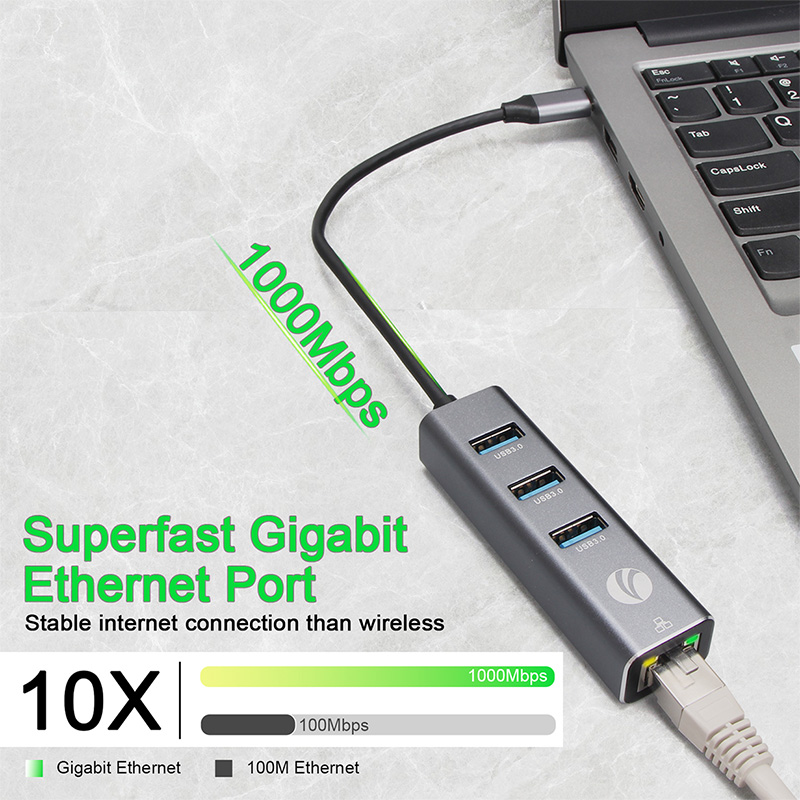 USB VCOM Hub DH311B - Tipo C macho a 3x usb 3.0 + RJ45, color gris.