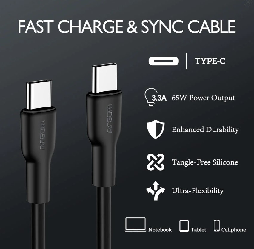 Cable Argom ARG-CB-0070BK Tipo-C a Tipo-C M/M - 6pies (1.8M), para celulares, tablet, laptops, transferencia hasta 480 Mbps, Silicona