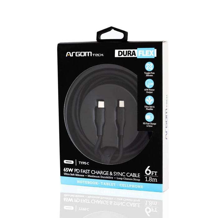 Cable Argom ARG-CB-0070BK Tipo-C a Tipo-C M/M - 6pies (1.8M), para celulares, tablet, laptops, transferencia hasta 480 Mbps, Silicona