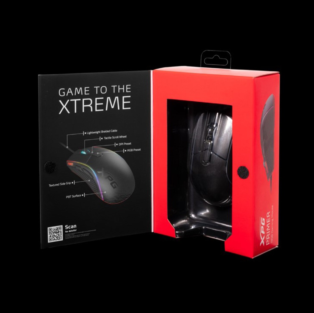 Mouse ADATA XPG Primer PRIMER-BKCWW - Ratón óptico alámbrico para gamer, iluminación rgb, 7 botones programables, sensor óptico PMW3360, 12K dpi, usb, color negro.