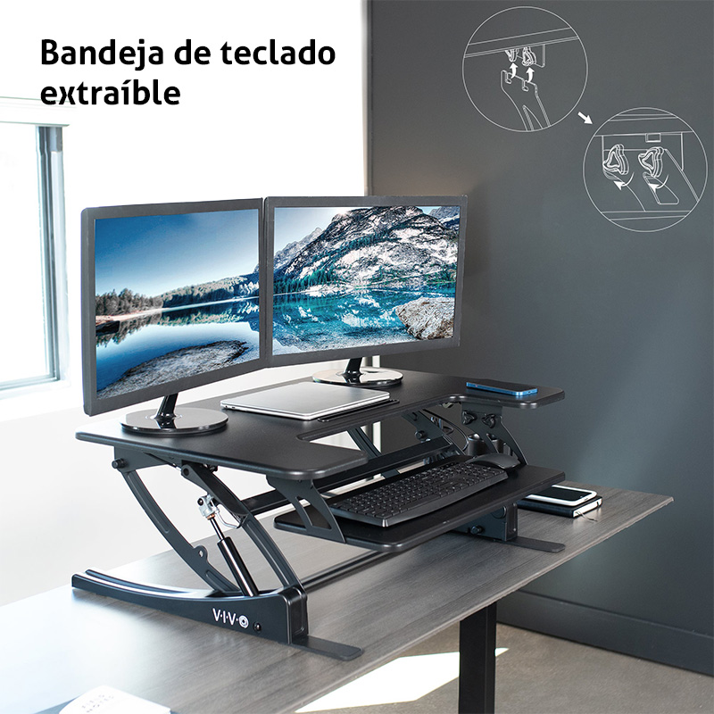 Mesa VIVO DESK-V000V - Convertidor de escritorio para trabajar de pie o sentado, ergonómico, superficie hasta 36", soporta hasta 33lbs, ajuste de altura desde 6.5" hasta 17", color negro.