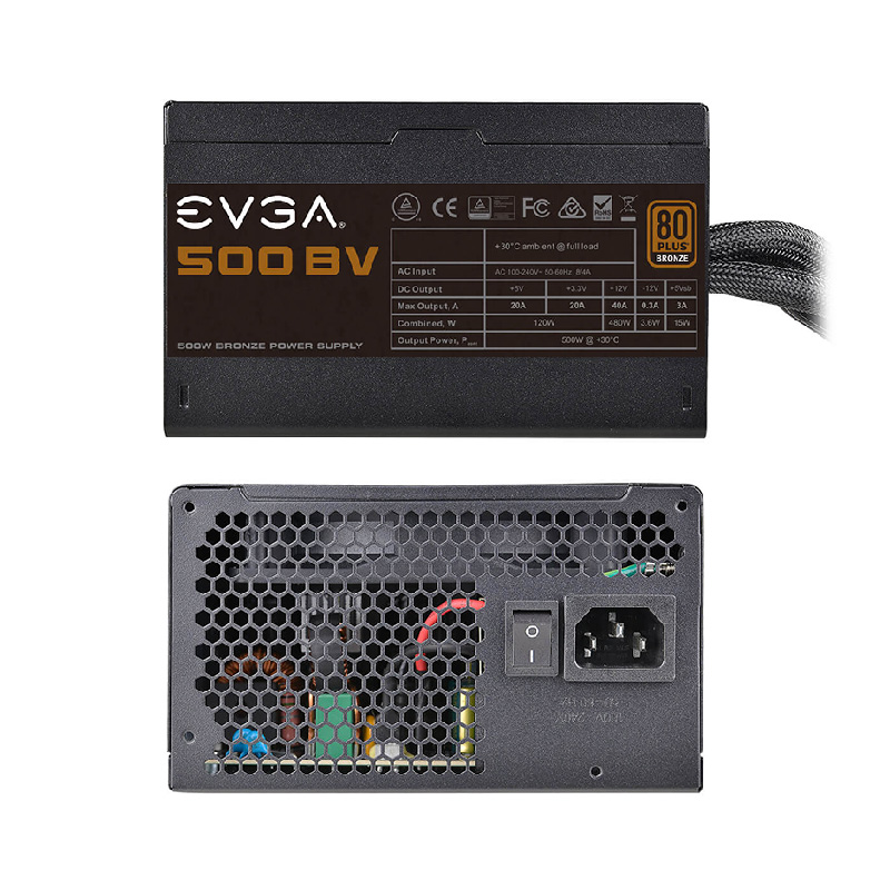 Fuente de Poder EVGA 500W BV - Potencia de 500W, 24 pines ATX, conectores 1x 4+4 pin, 2x 6+2 pin PCI-Express, 4x SATA, abanico silencioso 120mm, 80 plus bronce 100-BV-0500-K1