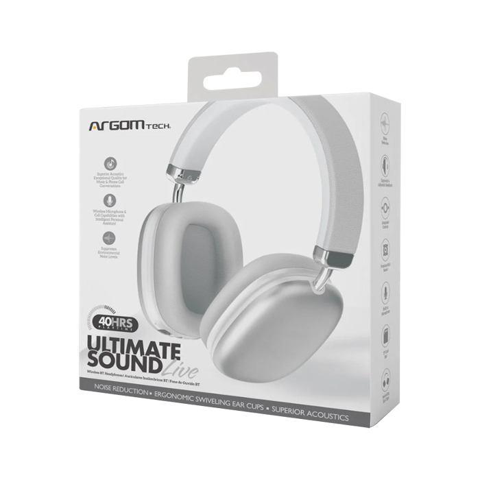 Auricular Argom ARG-HS-2553WT Ultimate Sound BT Live - Audífonos con micrófono, inalámbrico, Bluetooth, color Blanco.