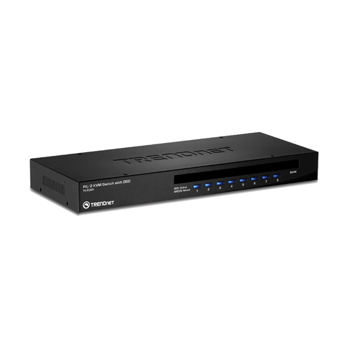Conmutador KVM TRENDnet TK-802R - PS/2 de montaje en bastidor, de 8 puertos con OSD, sin cables.