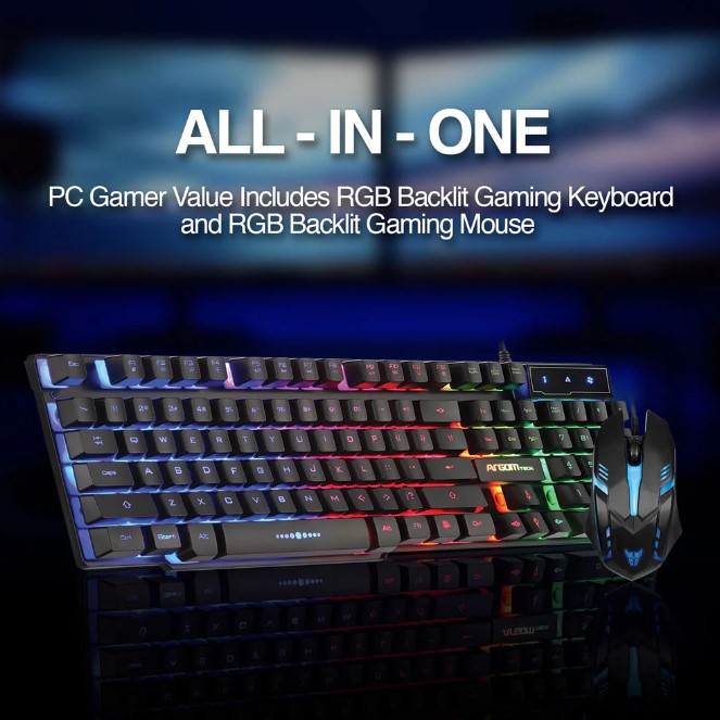 Teclado Argom - Combo de teclado y ratón óptico gaming, iluminación arcoiris, 800 DPI, Negro ARG-KB-2051BK