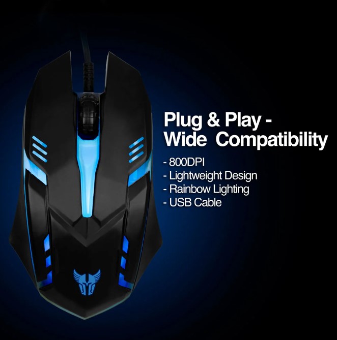 Teclado Argom - Combo de teclado y ratón óptico gaming, iluminación arcoiris, 800 DPI, Negro ARG-KB-2051BK