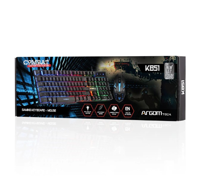 Teclado Argom - Combo de teclado y ratón óptico gaming, iluminación arcoiris, 800 DPI, Negro ARG-KB-2051BK