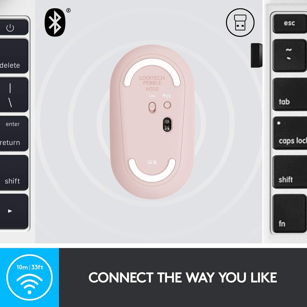 Mouse Logitech Pebble M350 - Ratón óptico inalámbrico, 1000 dpi, 3 botones, compatible con unifying, bluetooth/2.4Ghz, color rosado. 910-005769