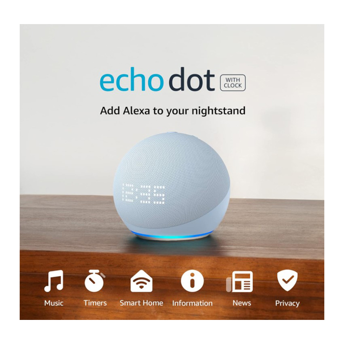 Smarthome Amazon Echo Dot - Altavoz inteligente con asistente Alexa integrado, pantalla led con reloj, Wi-Fi 802.11ac (2,4 GHz/5 GHz), bluetooth, color nube azul.
