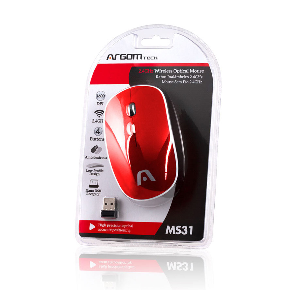 Mouse Argom - Ratón óptico, inalámbrico, ergonómico, 2.4 Ghz, 800/1200/1600 dpi, 4 botones, color rojo/negro. ARG-MS-0031RD