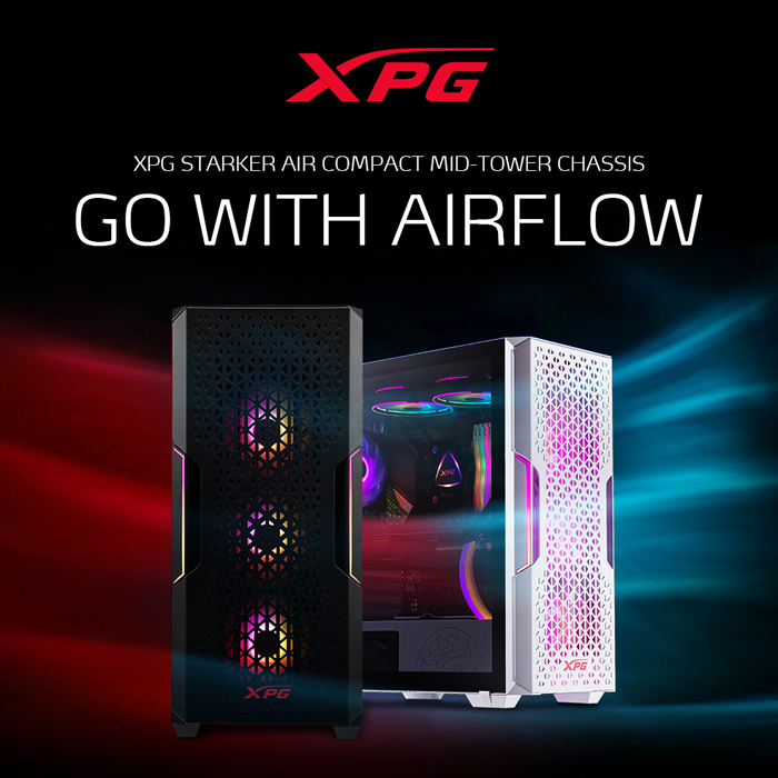 Caja Gaming ATX XPG Starker Air - Ventana lateral, conectores frontales 2x USB 3.0, 1x puerto de audio/micrófono, 1x abanico vento 120mm frontal, 1x abanico vento ARGB 120mm posterior, color negro. STARKERAIR-BKCWW