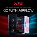 Caja Gaming ATX XPG Starker Air - Ventana lateral, conectores frontales 2x USB 3.0, 1x puerto de audio/micrófono, 1x abanico vento 120mm frontal, 1x abanico vento ARGB 120mm posterior, color negro. STARKERAIR-BKCWW