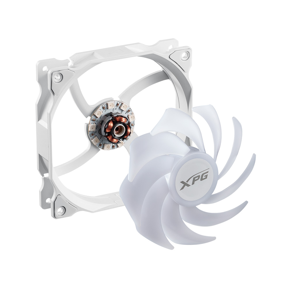 Abanico XPG Vento 120 ARGB - Para gabinete, caja 120mm, hasta 1200 RPM, conector 3 pines, 21dBA, color blanco. VENTO120ARGB-WHCWW