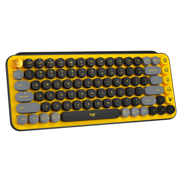 Teclado Logitech POP Keys - Teclado compacto, mecánico, inalámbrico bluetooth, compatible con iOS, iPad, Apple, inglés, color amarillo/negro. 920-010707