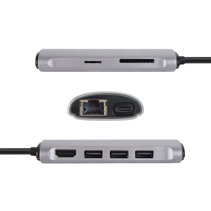 Hub VCOM CU463 - USB 3.0 Tipo C macho a USB 3.0, HDMI, RJ45, SD2, TF, PD, color gris.