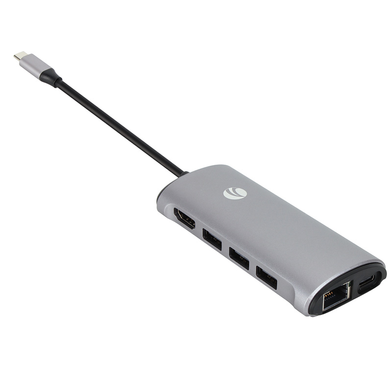 Hub VCOM CU463 - USB 3.0 Tipo C macho a USB 3.0, HDMI, RJ45, SD2, TF, PD, color gris.
