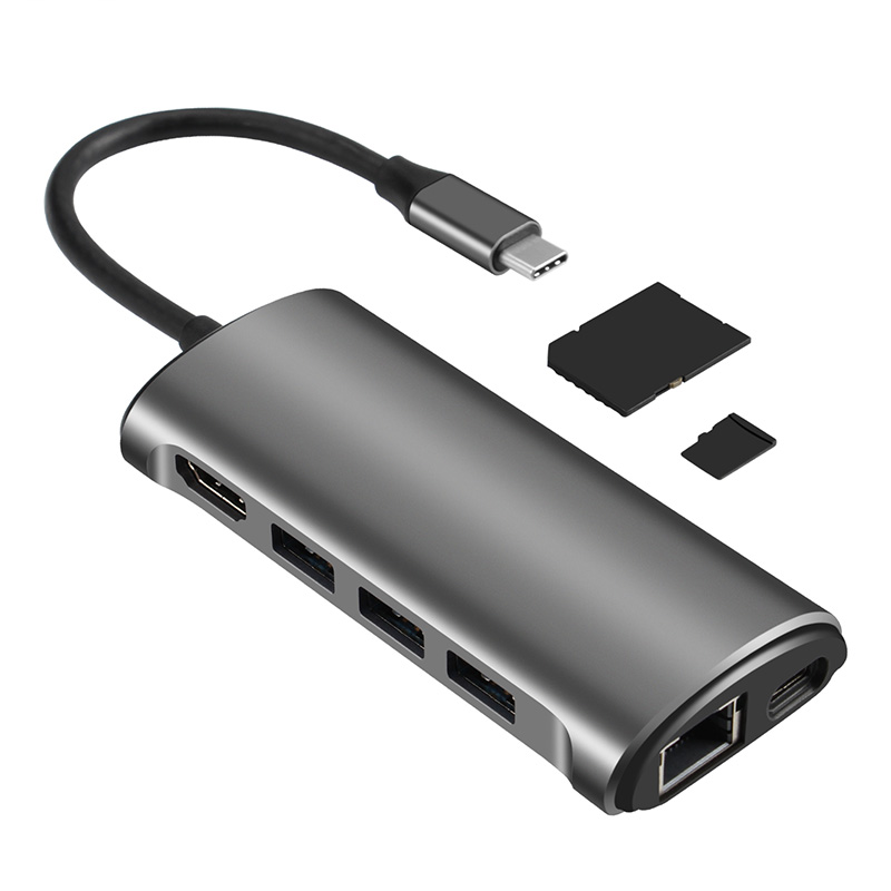 Hub VCOM CU463 - USB 3.0 Tipo C macho a USB 3.0, HDMI, RJ45, SD2, TF, PD, color gris.