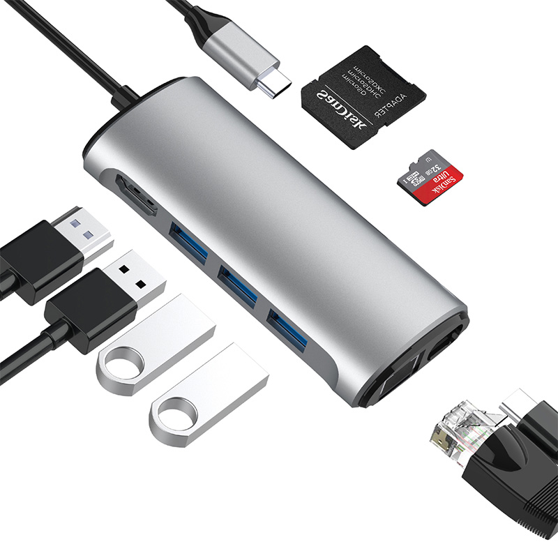 Hub VCOM CU463 - USB 3.0 Tipo C macho a USB 3.0, HDMI, RJ45, SD2, TF, PD, color gris.