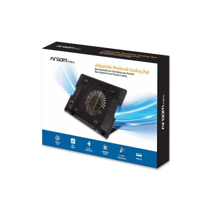 Abanico para Laptop Argom - Abanico para portátiles hasta 17", 5x niveles de altura ajustable, 1400 RPM, color negro.
