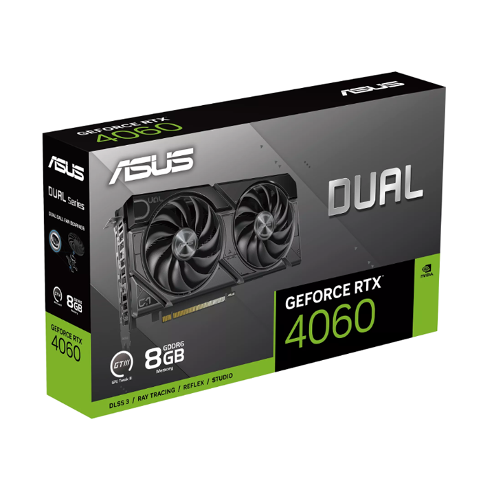 Tarjeta de video Asus DUAL-RTX4060-O8G-EVO - Nvidia GeForce RTX 4060, capacidad de 8GB GDDR6, 128-bit, PCI-E 4.0, 3x displayPort, 1x HDMI, 2x abanicos